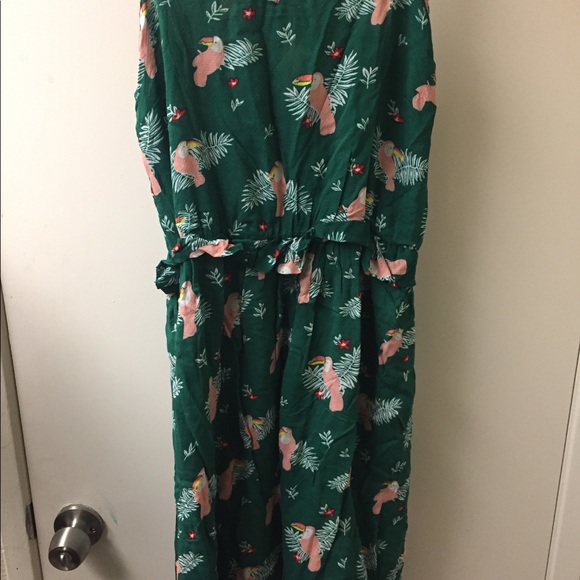 Green summer dress, bird flower print - Picture 4 of 6